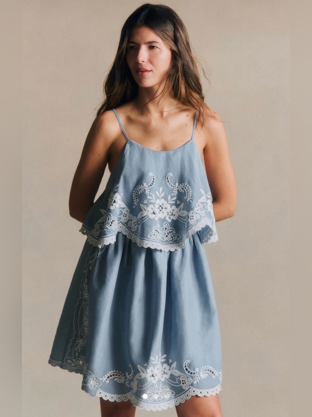 Sézane Vytta Dress Blue w/ Ecru Embroidery